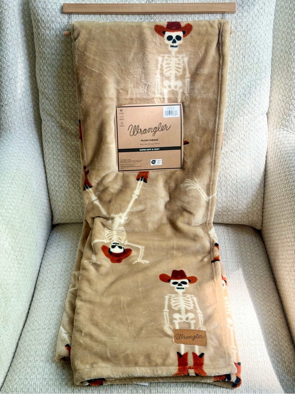 Wrangler Cowboy Skeleton Plush Throw Blanket 50x70” Tan Western Halloween NWT